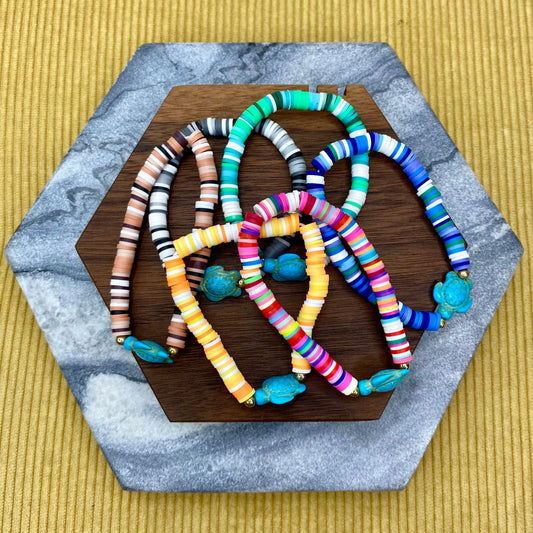 Bracelet - Clay + Stone - Multi-Colored Turquoise Turtle