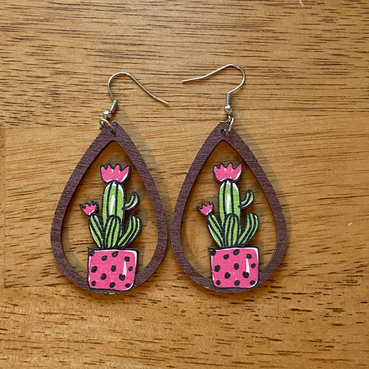 Wooden Teardrop Cutout - Cactus Earrings