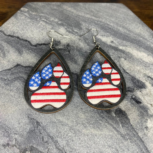 Wooden Teardrop Cutout - American Flag Paw earrings